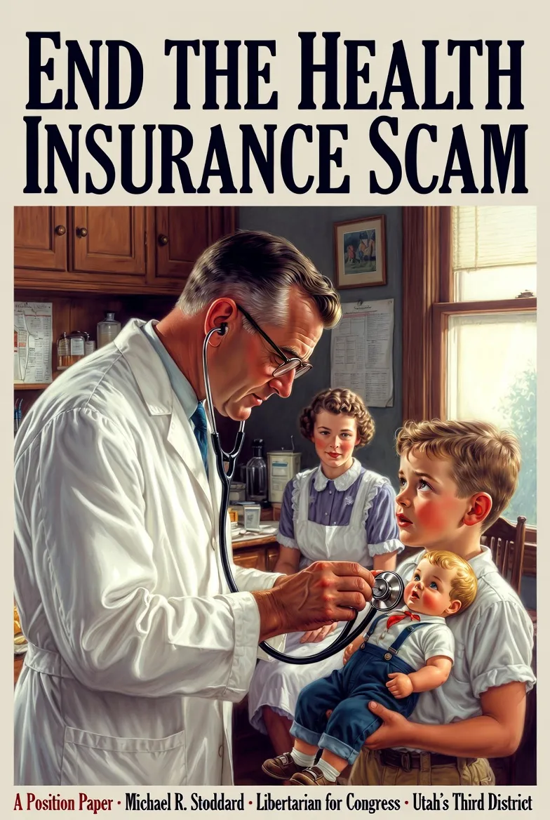 End the Health Insurance Scam — a position paper by Michael R. Stoddard, Libertarian for Congress, Utah's Third District. A mid-century family doctor listens to a young boy's chest with a stethoscope while his mother looks on.