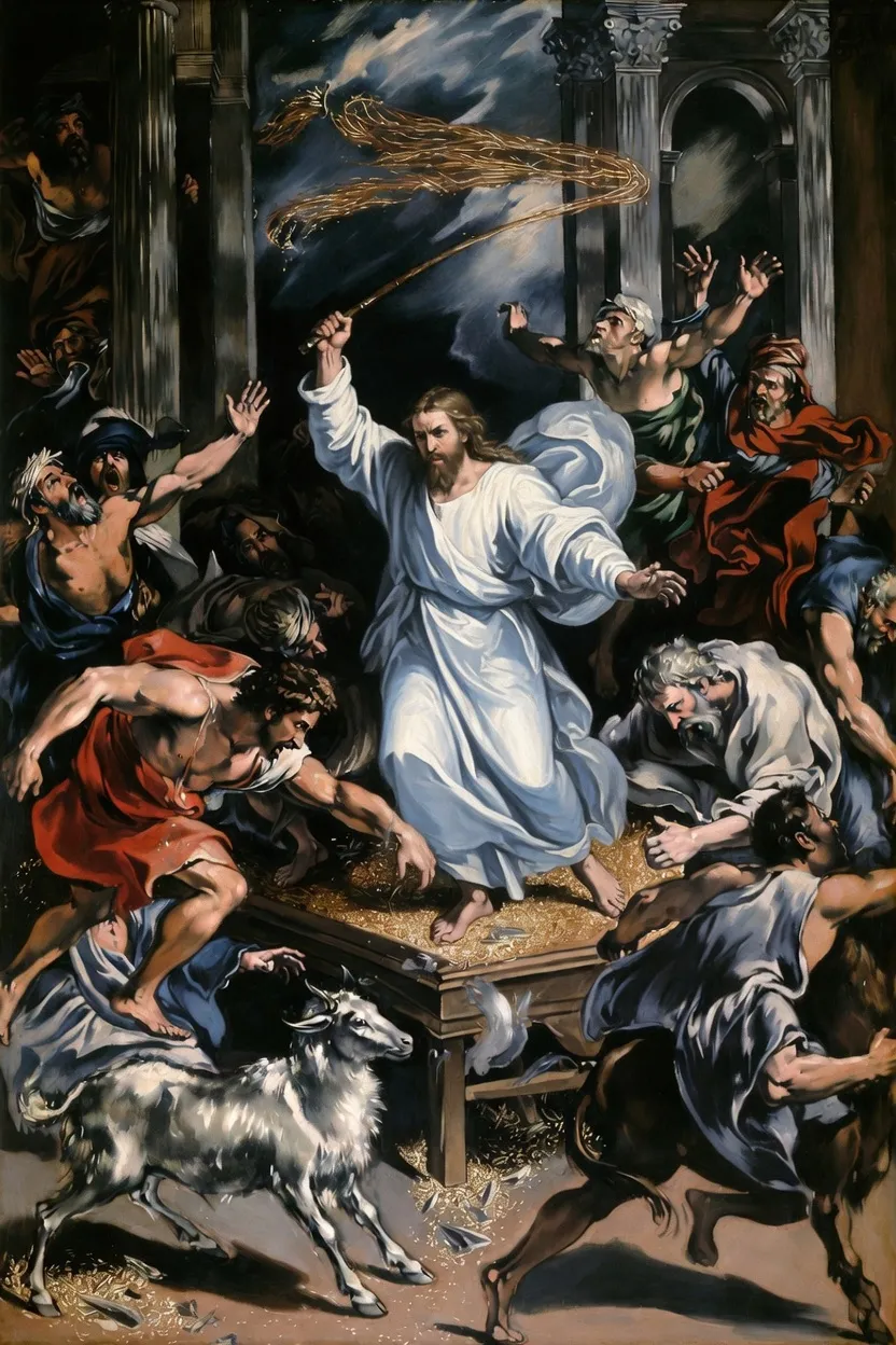 Christ cleansing the temple — driving the money changers out with a whip of cords as their tables overturn and the coins scatter.