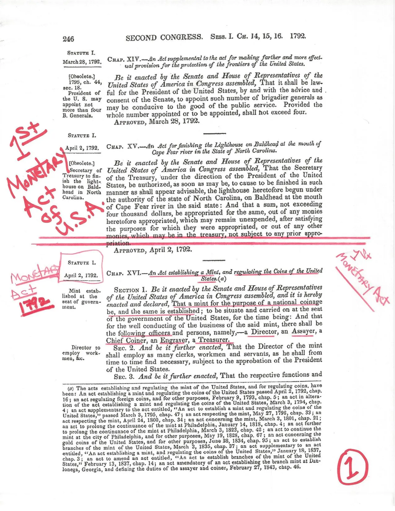 Coinage Act of 1792, page 1 — with the candidate's handwritten annotations