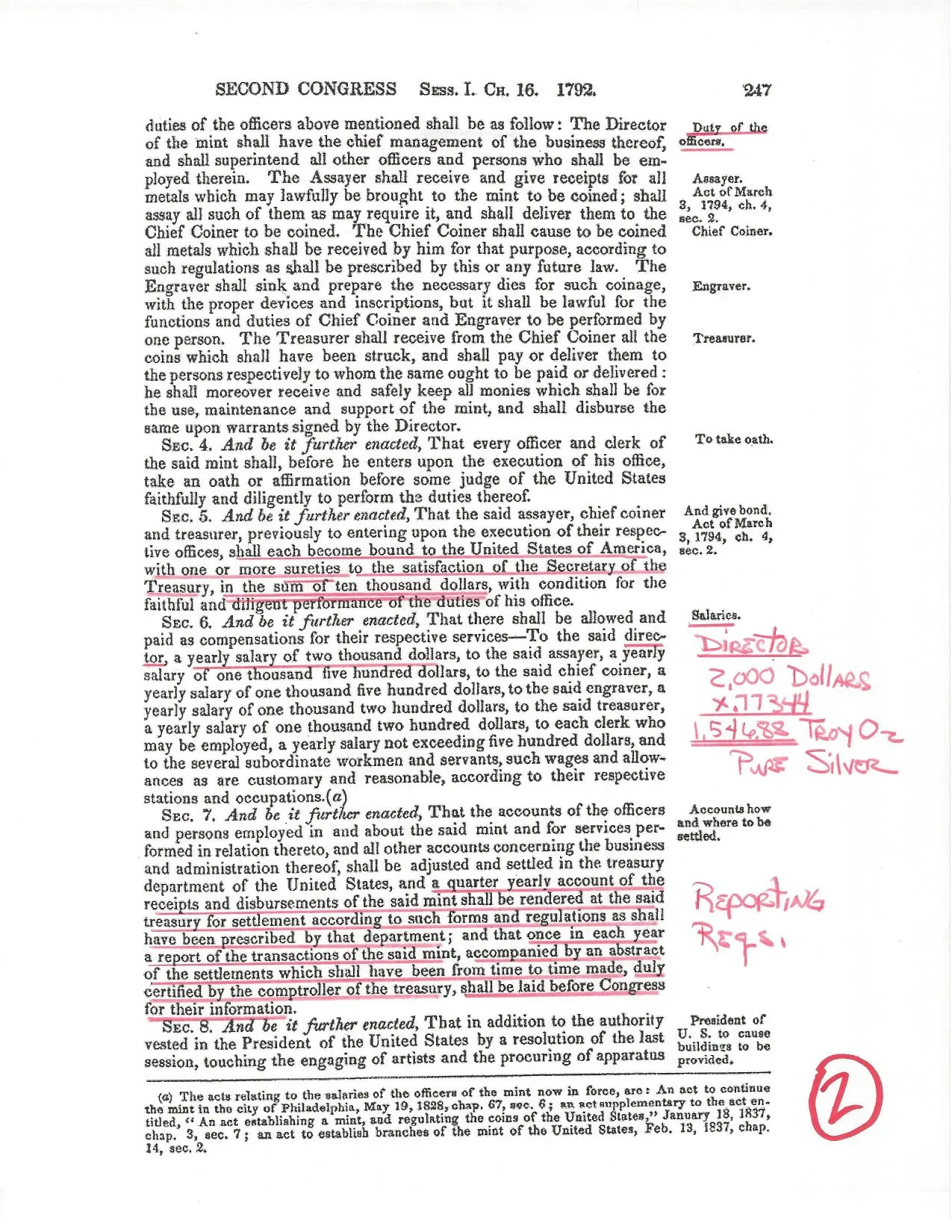 Coinage Act of 1792, page 2 — with the candidate's handwritten annotations