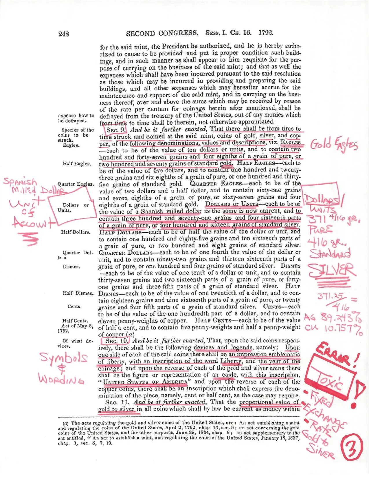 Coinage Act of 1792, page 3 — with the candidate's handwritten annotations