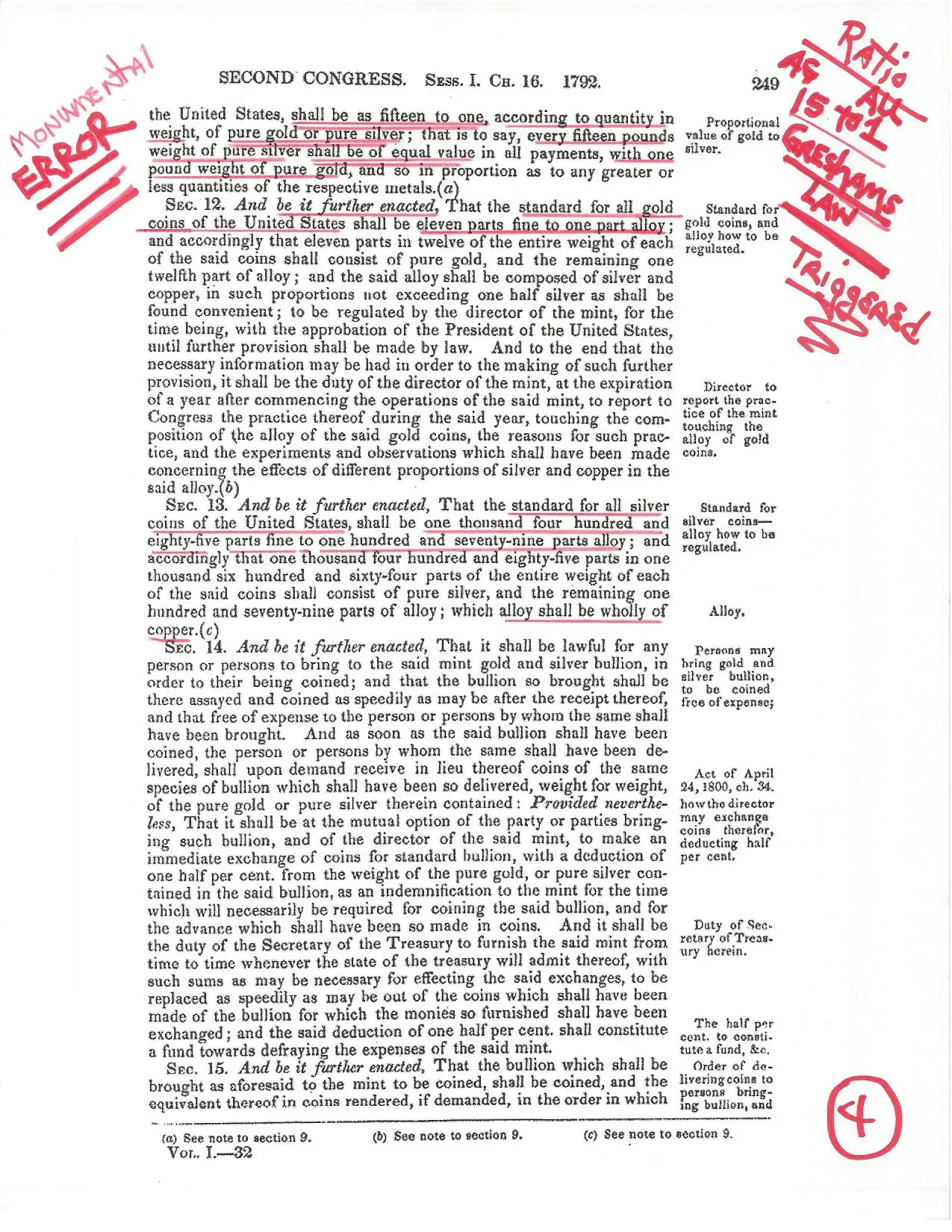 Coinage Act of 1792, page 4 — with the candidate's handwritten annotations