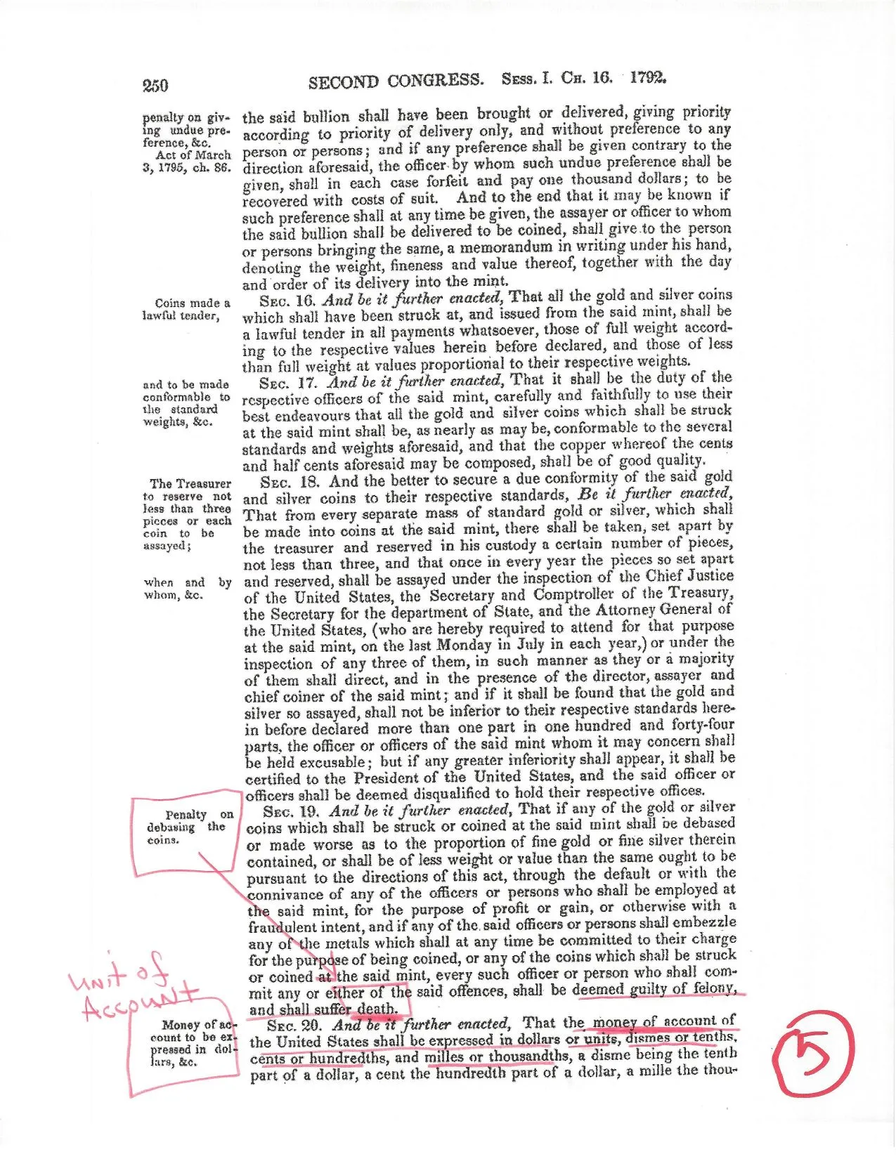 Coinage Act of 1792, page 5 — with the candidate's handwritten annotations